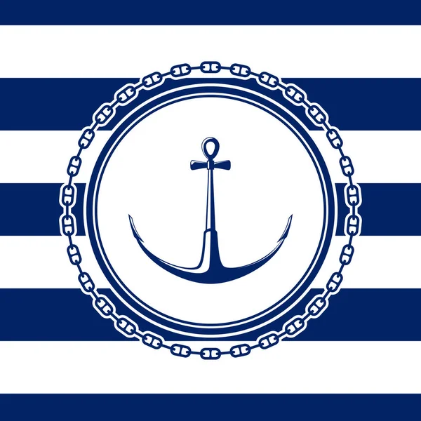Emblema Mar Con Ancla Sobre Fondo Marino Azul Blanco Rayado — Vector de stock
