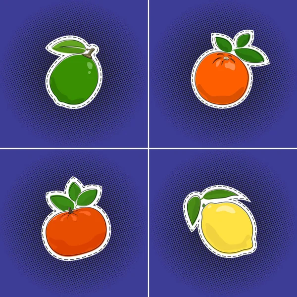 Set Van Citrusvruchten Sticker Een Paarse Violette Pop Art Halve — Stockvector