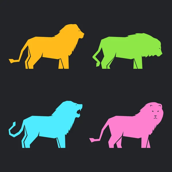 不同姿势的一组深色背景的多色狮子 矢量图解 — 图库矢量图片