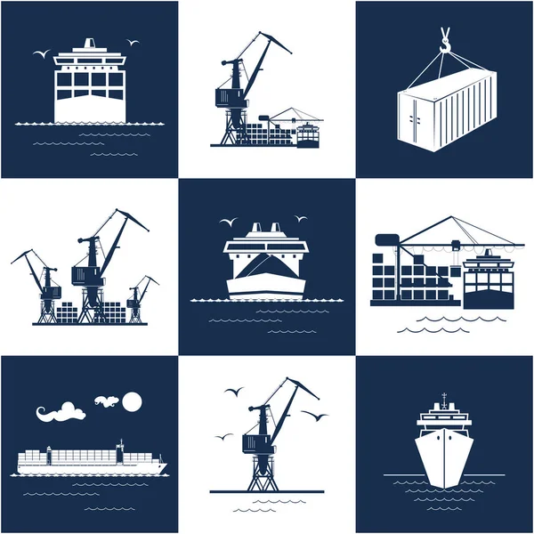 Set Blue White Marine Cargo Icons Dry Cargo Ship Container — Stock Vector