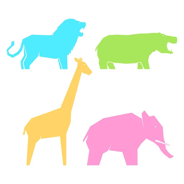 Набір Різнокольорових Африканських Тварин Різних Позах Левах Гіпопотах Слонах Жирафах — стоковий вектор