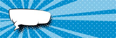 Güneş ışınları ve noktalarıyla pankart, mavi pop sanatının arka planında konuşma balonu, vektör illüstrasyonu
