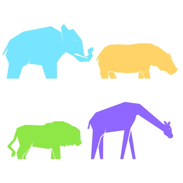 Набор Разноцветных Африканских Животных Разных Позах Львов Бегемотов Слонов Жирафов — стоковый вектор