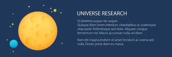 宇宙とテキストの惑星とバナー 星と黄色の月 宇宙のクレーターを持つ宇宙惑星 ベクトル図 — ストックベクタ