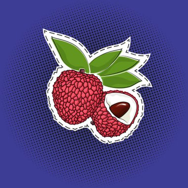 Mor menekşe pop sanatının yarım ton arka planında tropik meyve lichee etiketi, daire şeklinde siyah noktalar, iğne veya yamalar, retro tarzı, vektör illüstrasyonu