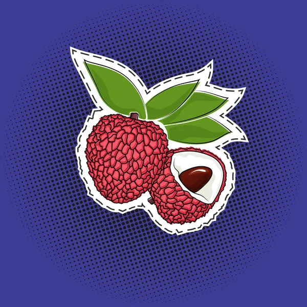 Sticker Lichee Fruits Tropicaux Sur Fond Violet Pop Art Demi — Image vectorielle