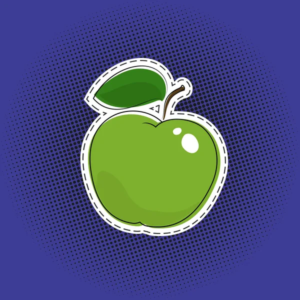 紫色流行艺术半色调背景的果绿色苹果贴纸 圆形的黑点 别针或补丁 复古风格 矢量插图 — 图库矢量图片