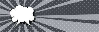 Güneş ışınları ve noktalarıyla pankart, gri pop sanatının arka planında konuşma balonu, vektör illüstrasyonu