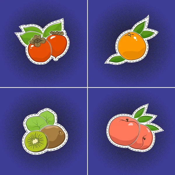 Aufkleberset Aus Tropischen Früchten Auf Violettem Pop Art Hintergrund Persimmon — Stockvektor