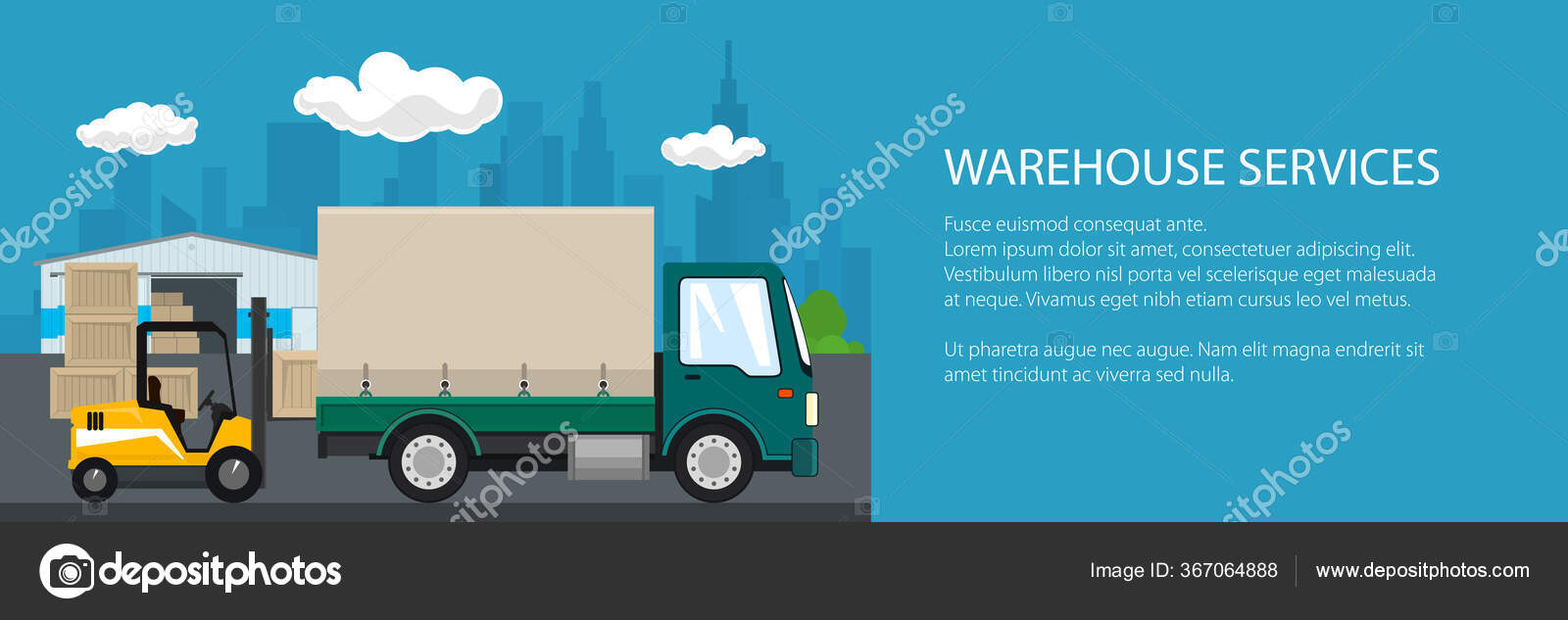 Banner Warehouse Transport Services Warehouse Forklift Truck Green Lorry Background Stock Vector C Serz72 367064888