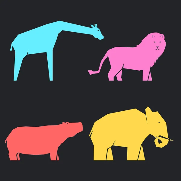 一组五颜六色的非洲动物 背景黑暗 狮子和河马 大象和长颈鹿 病媒图解 — 图库矢量图片
