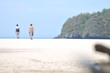 kumlu tropik plajda yürüyen adam çift