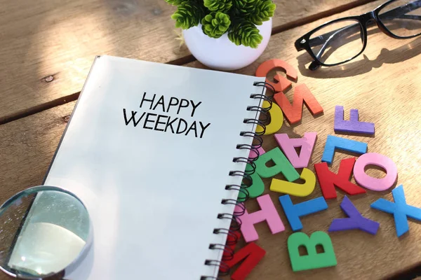 Business Concept Top View Notebook Writing Happy Weekend — Stock Photo, Image