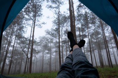 Sakin bir ormanda sabah ayaklarını dinlendiriyorsun.