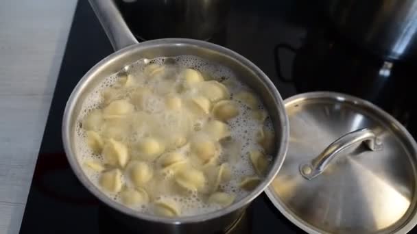 Ravioli in pan, kokend water, zilver metalen achtergrond. Koken Pelmeni, russische knoedels gevuld met gehakt, in stalen stoofpot op keramische kookplaat in de huiskeuken. Varenyky, vareniki. — Stockvideo