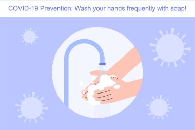 Coronavirus Covid-19 roman önleme kavramı. Kendini tehlikeden korumak için ellerini sabunla yıkıyor. Kalabalıkta enfeksiyonu önlemek için güvenlik kuralı. Bilgi grafikleri vektör illüstrasyonu