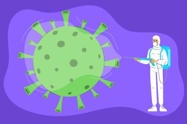 Corona virüsü konsepti. Roman Coronavirus (2019-nCoV). Beyaz tıbbi maskeli bir adam ya da doktor dezenfeksiyon tedavisi uyguluyor. Vektör illüstrasyonu