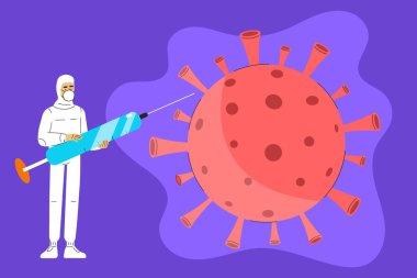 Corona virüsü konsepti. Roman Coronavirus (2019-nCoV). Beyaz tıbbi maskeli bir adam ya da doktor elinde iğne vektörü illüstrasyonu tutuyor..