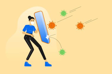 COVID-19 romanı. İş kadını ya da müdür kendini Coronavirus mikroplarından korumak için kalkan tutuyor. Koruma maskesi ve karantina. Virüs salgınını önleme riski var. Vektör illüstrasyonu