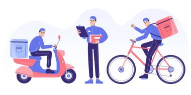 Teslimat ve kurye hizmeti konsepti. Teslimatçı. Bisiklete binmek. Yemek ya da paketleri zamanında teslim etmek ve elinde kutu ya da paket tutmak için motosiklet ya da scooter kullanmak. Vektör illüstrasyonu