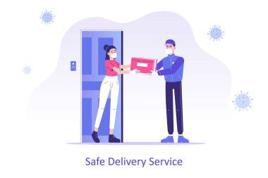 Çevrimiçi güvenli servis konsepti. Coronavirus (COVID-19) karantinası sırasında kadınlara bir paket veya kutu teslim eden tıbbi maskeli genç kurye. Eve kapı teslimatı. Vektör illüstrasyonu