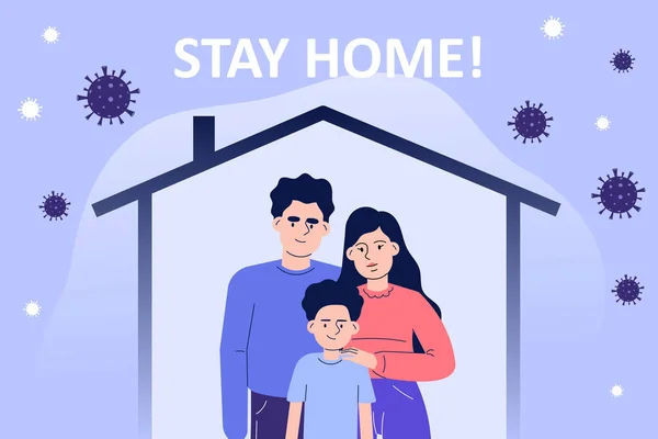 Coronavirus Bescherming Poster Concept Jonge Familie Die Een Huis Staat — Stockvector