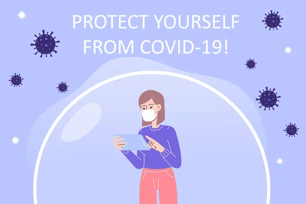 验尸官保护海报的概念 一个女人站在一个有保护作用的玻璃泡沫里 把自己隔离起来 受到Covid 2019新型病毒的保护 保持安全 矢量说明 — 图库矢量图片