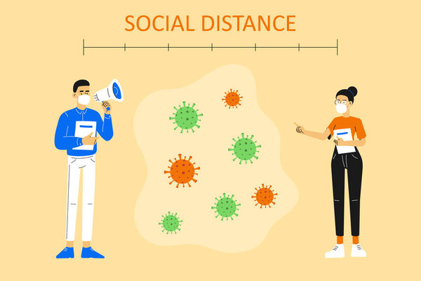 Social distancing concept. COVID-19. Businessman and woman keeping distance in public and meeting. Protection from coronavirus novel outbreak spreading. Vector illustration