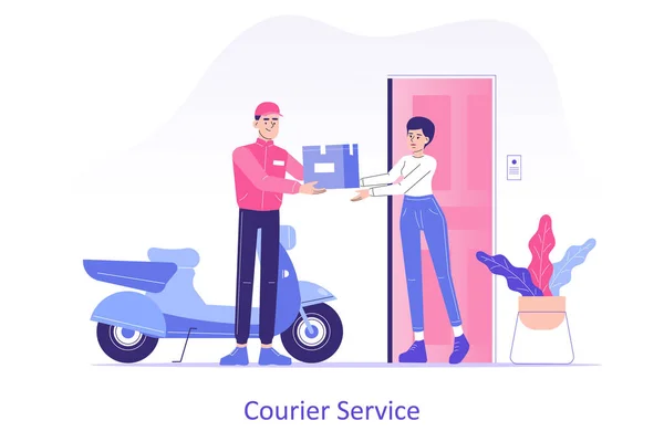 Online Fast Delivery Courier Service Concept Young Delivery Man Courier — Stock Vector