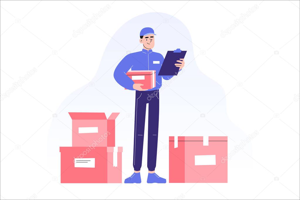 Online delivery and courier service concept. Delivery man standing in front of boxes or packages, carrying box in other hand. Online order tracking. Delivery home and office. Vector illustration