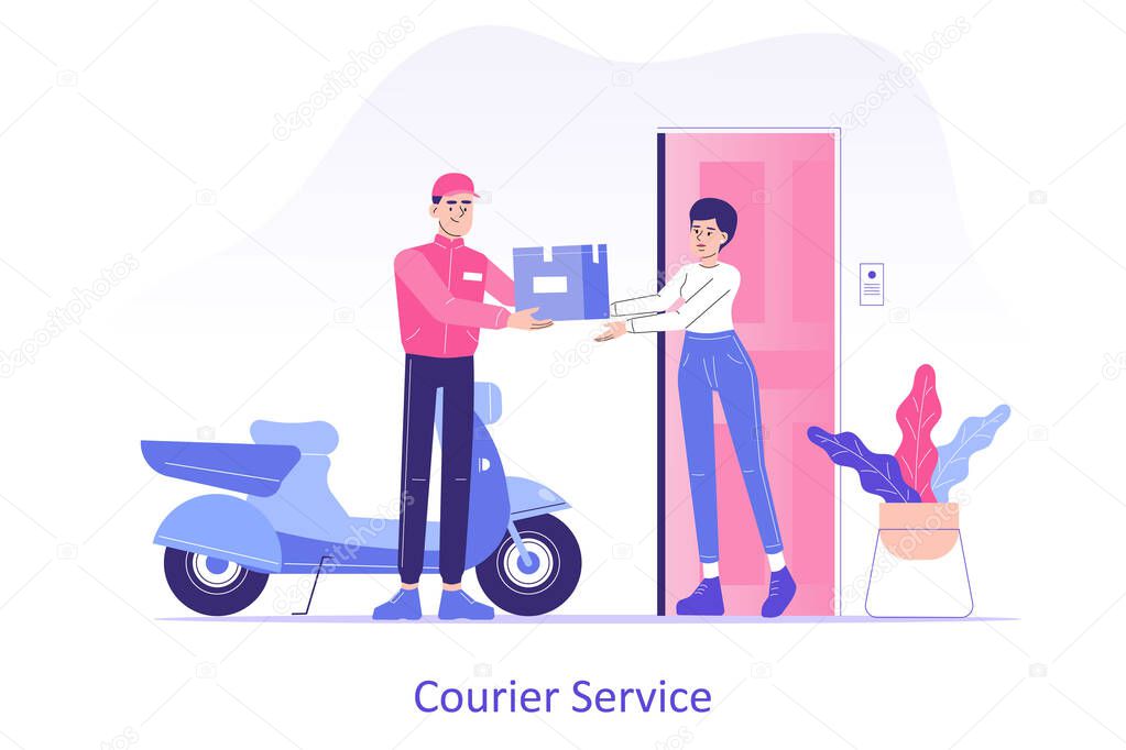 Online fast delivery or courier service concept. Young delivery man or courier delivering a package or box to happy woman with moped. Doorstep delivery to home or office. Vector illustration