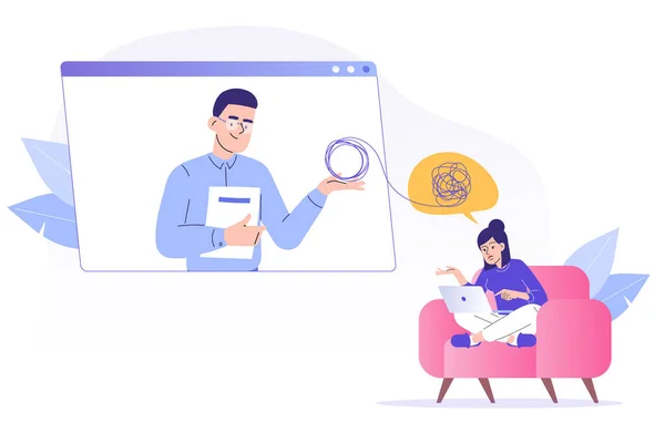 Çevrimiçi psikoterapi kavramı. Erkek psikoterapist hastaya video aramasıyla yardım ediyor. Kadın psikologla konuşuyor. Psikolojik danışmanlık hizmetleri. Terapi seansı. İzole edilmiş modern vektör illüstrasyonu