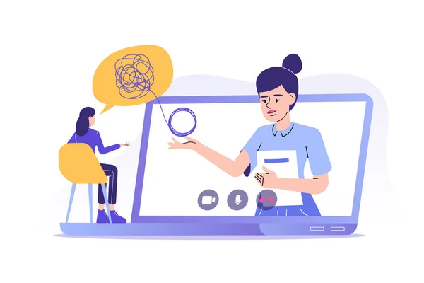 Çevrimiçi psikoterapi kavramı. Kadın psikoterapist hastaya video aramasıyla yardım ediyor. Üzgün kadın psikologla konuşuyor. Psikolojik danışmanlık hizmetleri. Terapi seansı. İzole vektör illüstrasyonu