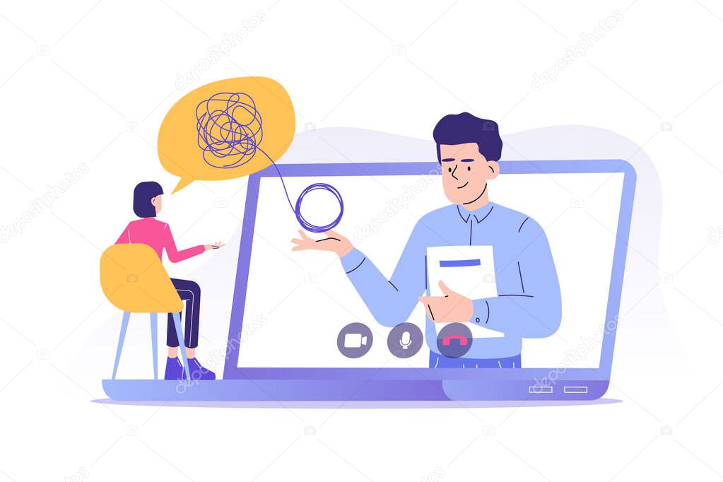 Online psychotherapy concept. Male psychotherapist helping patient by video call. Woman talking to psychologist. Psychological counseling services. Therapy session. Isolated modern vector illustration