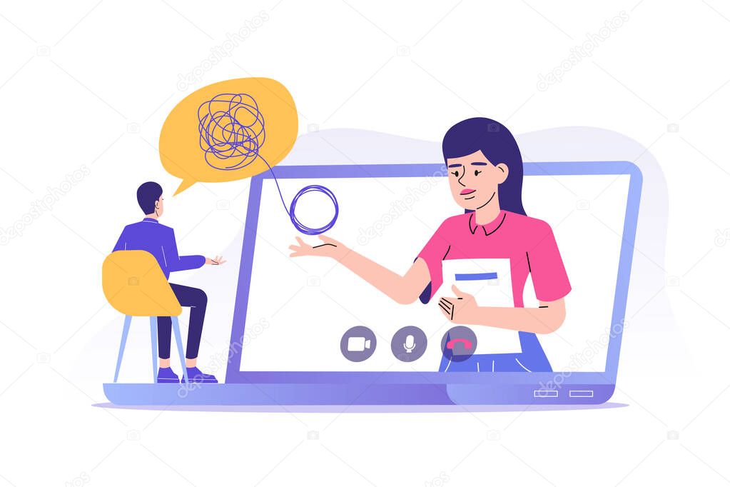 Online psychotherapy concept. Female psychotherapist helping patient by video call. Man talking to psychologist. Psychological counseling services. Therapy session. Isolated modern vector illustration