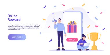 Online ödül konsepti. Mutlu insanlar akıllı telefondan hediye paketi alırlar. Dijital yönlendirme ve ödül programı. Çevrimiçi mağaza veya mağaza sadakat programı ve ikramiye. İniş sayfası şablonu. Vektör illüstrasyonu