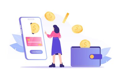 Çevrimiçi bozdurma konsepti. Genç bir kadın alıcı için nakit para alıyor. Akıllı telefondan e-cüzdana para ya da para transferi. Çevrimiçi bankacılık. Para biriktiriyorum. Para iadesi. İzole vektör illüstrasyonu