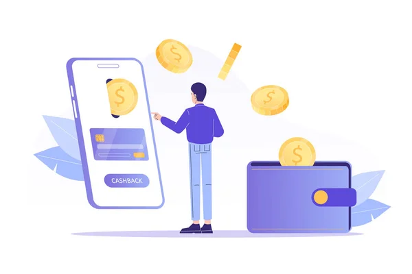 Çevrimiçi bozdurma konsepti. Genç adam bir alıcı için nakit para alıyor. Akıllı telefondan e-cüzdana para ya da para transferi. Çevrimiçi bankacılık. Para biriktiriyorum. Para iadesi. İzole vektör illüstrasyonu