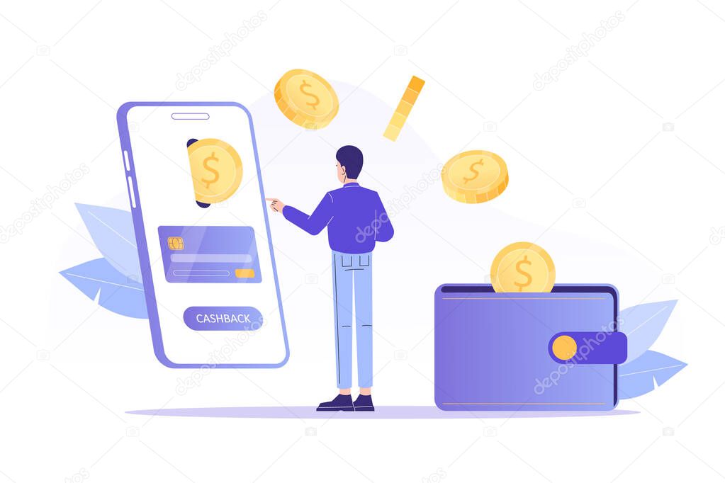 Online cashback concept. Young man receiving cashback for a buyer. Coins or money transfer from smartphone to e-wallet. Online banking. Saving money. Money refund. Isolated vector illustration