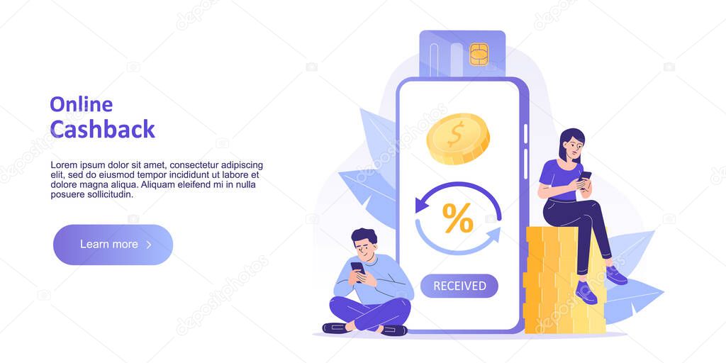 Online cashback concept. Happy people receiving cashback for a buyer. Online banking. Saving money. Money refund. Reward. Landing page template for web banner. Modern isolated vector illustration