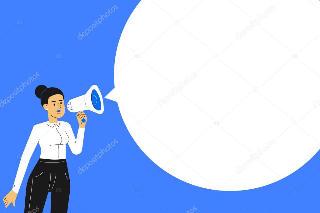 Announcing the message concept. Young woman or a businesswoman standing and communicates through a megaphone. Speaking to people. Promotion. Vector illustration