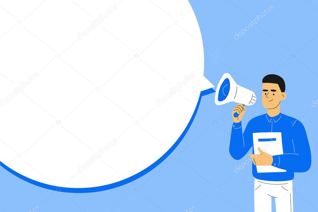 Announcing the message concept. Young man or a businessman standing and communicates through a megaphone. Speaking to people. Promotion. Vector illustration