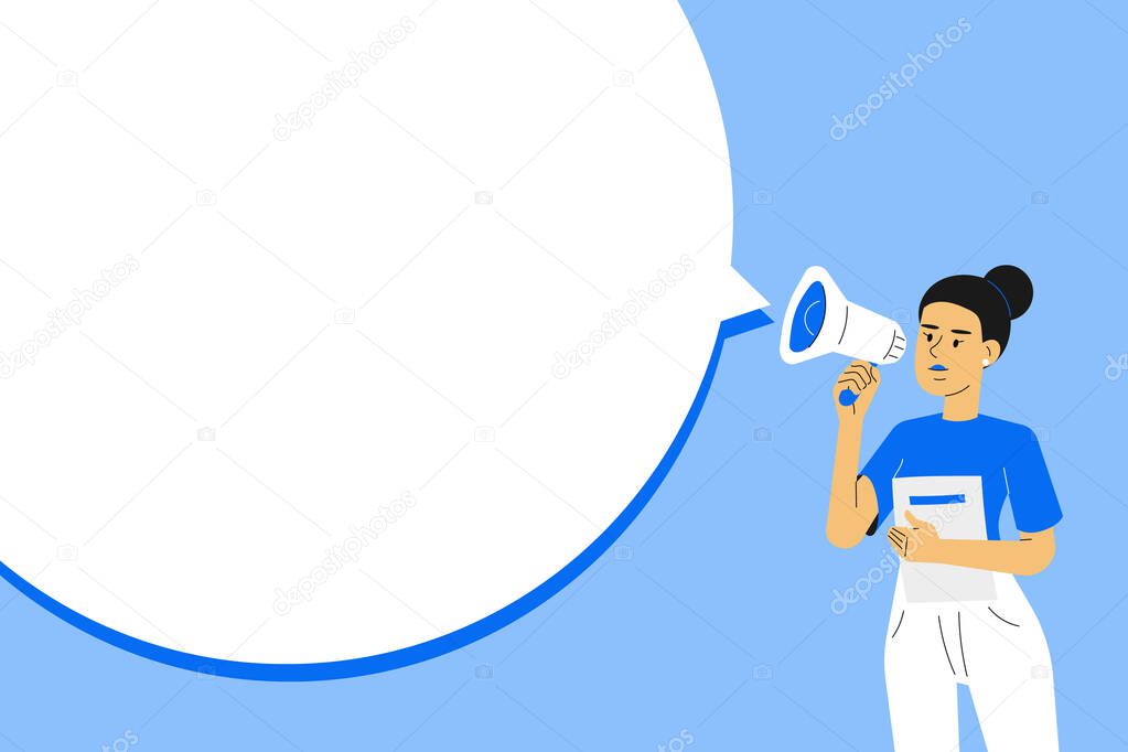 Announcing the message concept. Young man or a businessman standing and communicates through a megaphone. Speaking to people. Promotion. Vector illustration
