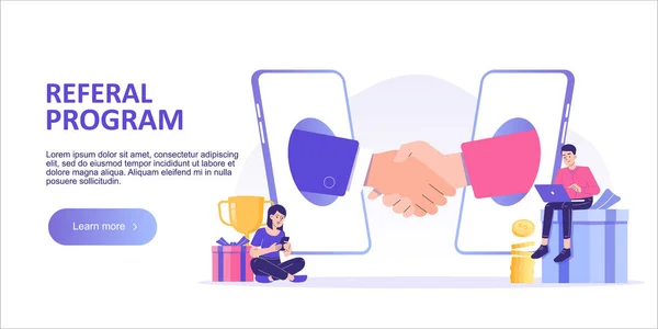 Tavsiye pazarlama konsepti. İş adamları akıllı telefondan el sıkışıyor. Arkadaş sadakat programına atıfta bulun. Terfi yöntemi. İniş sayfası şablonu. Web afişi. Modern izole vektör çizimi