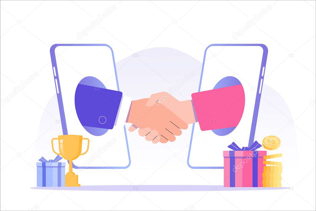 Referral marketing concept. Business people shaking hands in big smartphone. Refer A Friend loyalty program. Social communication, social media marketing. Promotion method. Vector illustration 