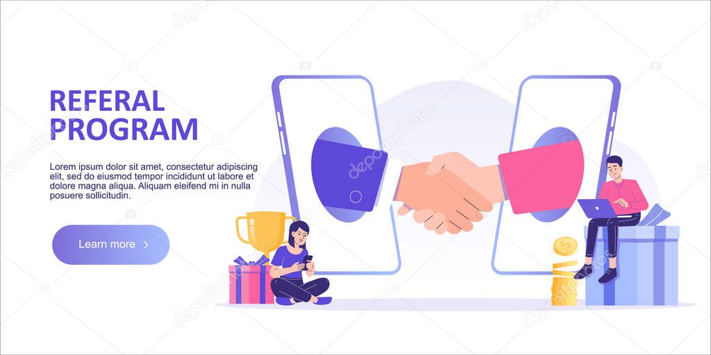 Referral marketing concept. Business people shaking hands in big smartphone. Refer A Friend loyalty program. Promotion method. Landing page template. Web banner. Modern isolated vector illustration