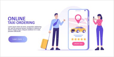 Online taksi siparişi konsepti. Gençler bavullarıyla ayakta duruyorlar, taksi çağırıyorlar ya da akıllı telefon uygulaması ile internetten araba kiralıyorlar. İniş sayfası şablonu. Web afişi. İzole vektör illüstrasyonu 