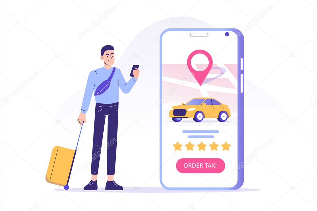 Online taxi ordering concept. Young man standing with suitcase, ordering taxi or renting car online with smartphone app service. App screen with car and location pin on map. Vector illustration 