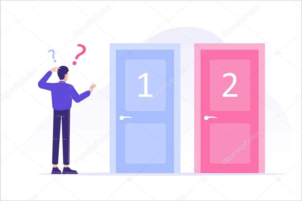 Confused man standing near two doors. Difficult choice between two options. Decide dilemma. Solve problem. Alternatives or opportunities. Making decision concept. Choose pathway. Vector illustration