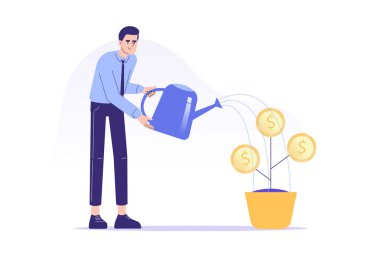 İş yatırımı konsepti. Genç bir iş adamı büyüyen bir ağacı bozuk paralarla suluyor. Para büyütme metaforu. Başarılı bir iş kurma ve büyütme. Finansal yönetim. Vektör illüstrasyonu